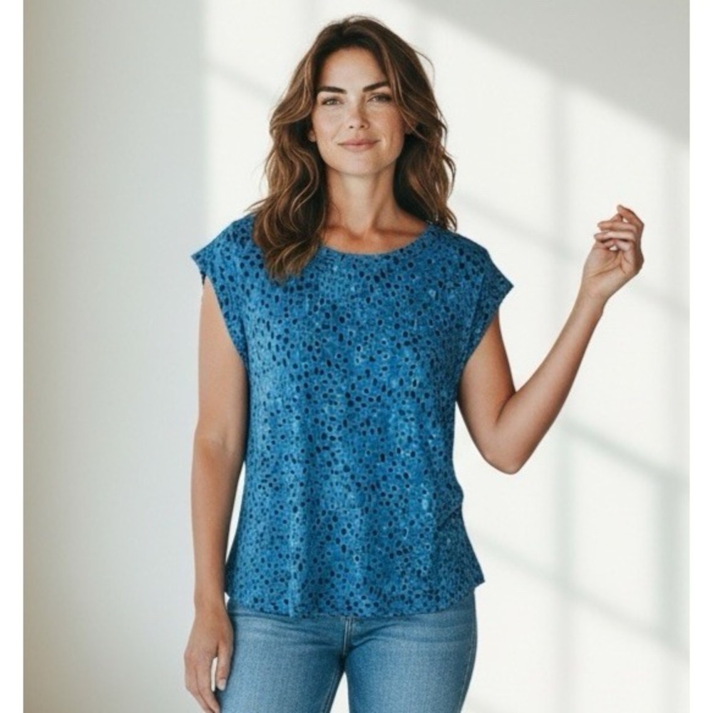 Democracy Women's L Cap Sleeve Knit Top T-Shirt Blue Geometric NEW